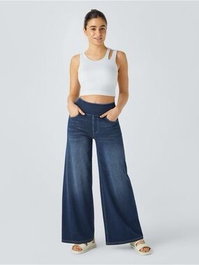 HALARA NWT Flex High Waist Pockets Baggy Wide Leg Washed Casual Jeans Stretch MP